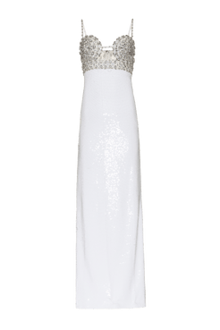 VESTIDO LONGO RECORTES BORDADO PAETÊ VIBRANT OFF WHITE