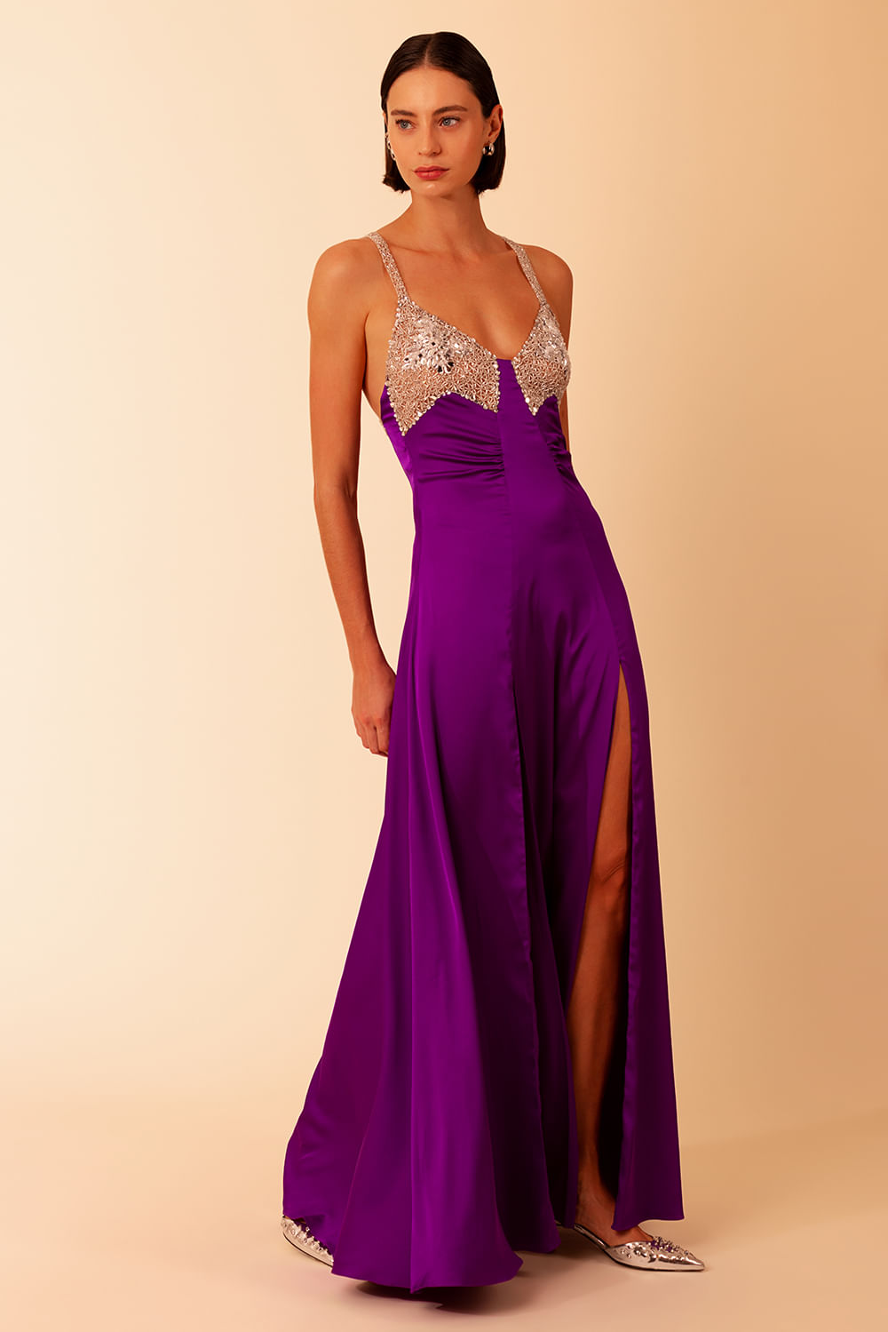 VESTIDO LONGO FRANZIDO CETIM MIRACLE MOOD ROXO