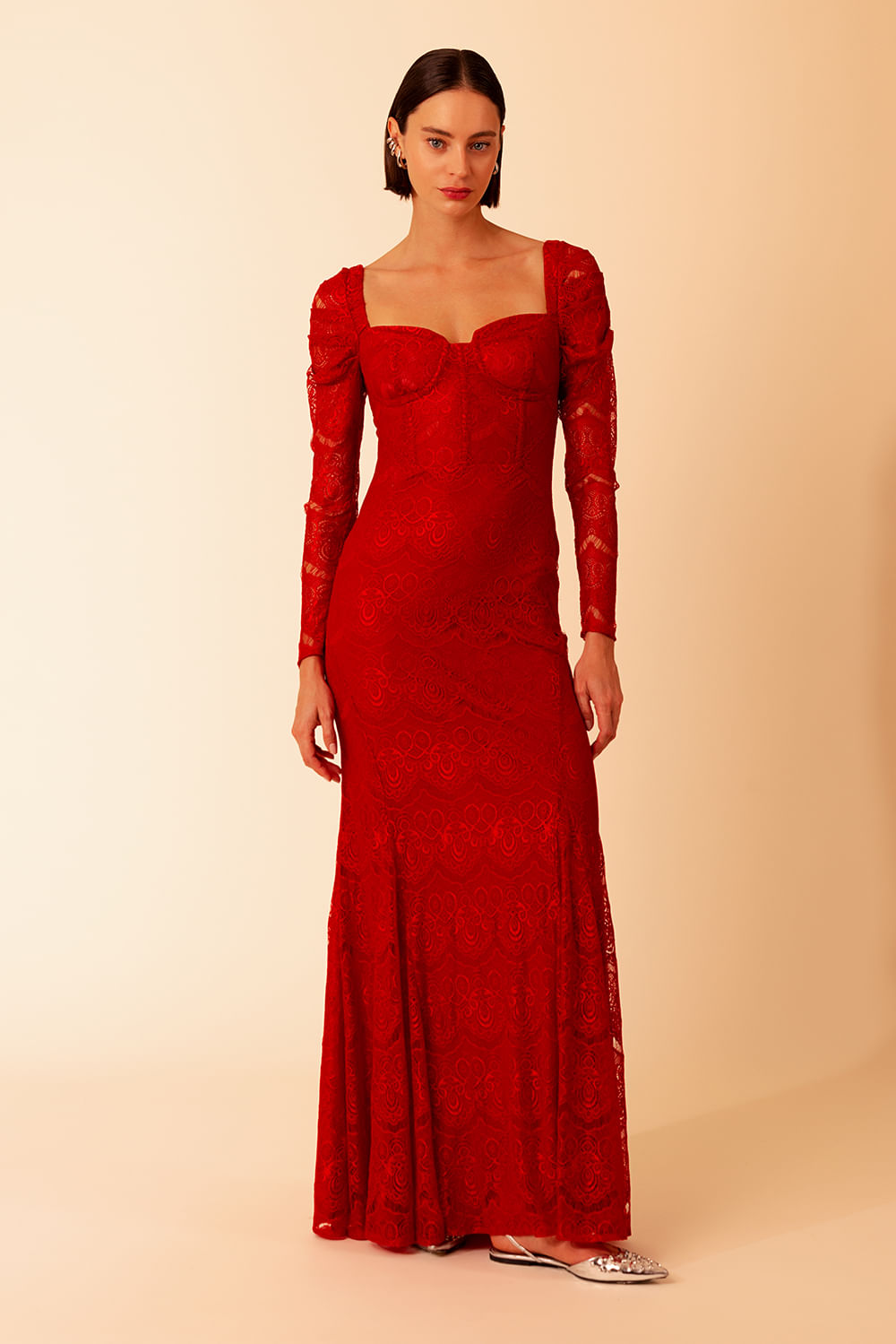 VESTIDO LONGO MANGAS RENDA SENSES VERMELHO
