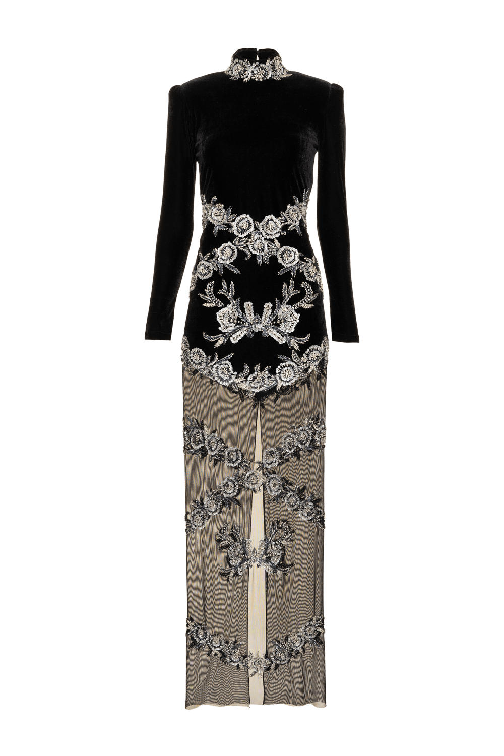 VESTIDO LONGO GOLA ALTA BORDADO FREEDOM NIGHT VELVET PRETO