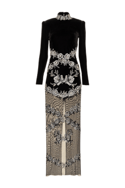 VESTIDO LONGO GOLA ALTA BORDADO FREEDOM NIGHT VELVET PRETO