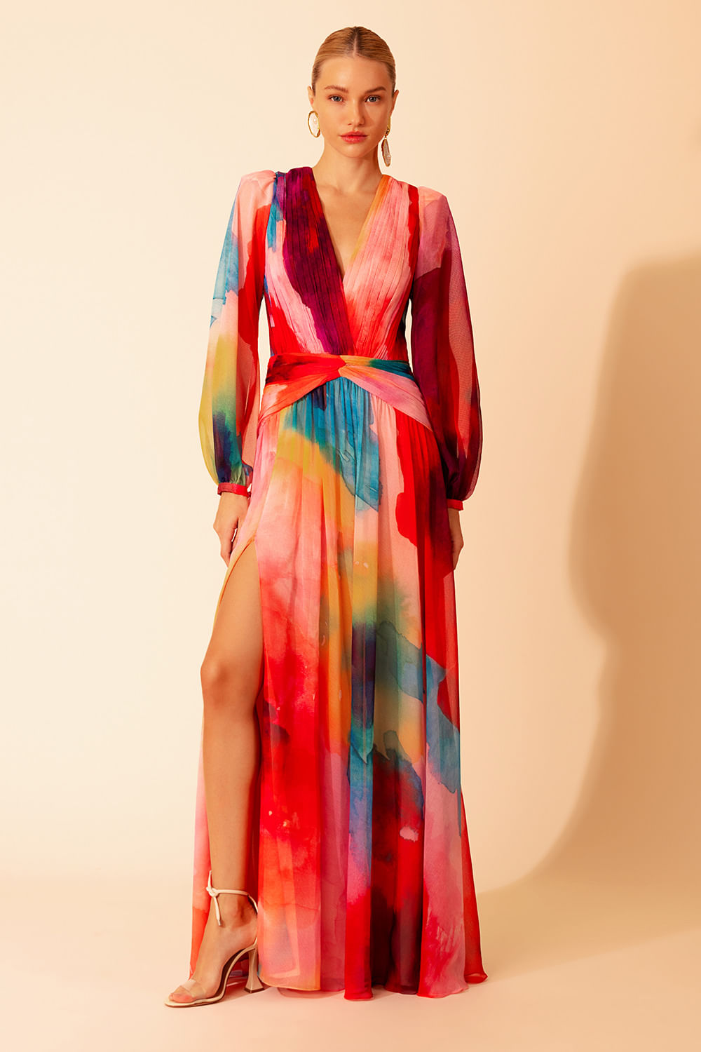 VESTIDO LONGO MANGAS ACQUARELA ROSA