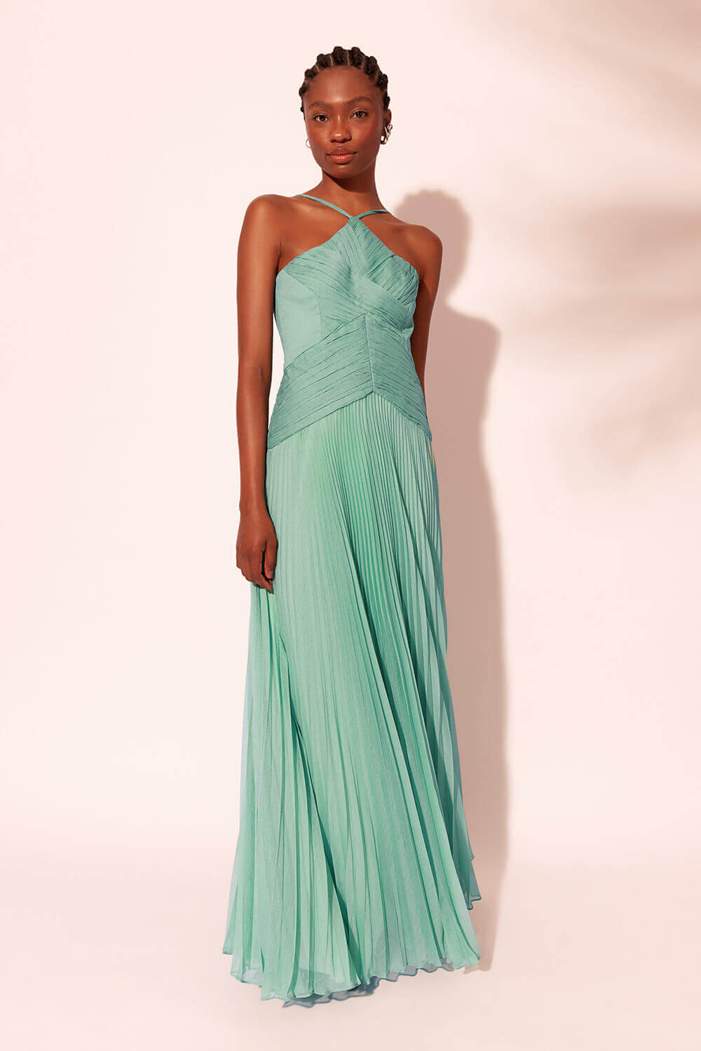 VESTIDO LONGO DRAPEADO SILKY RESORT VERDE MENTA