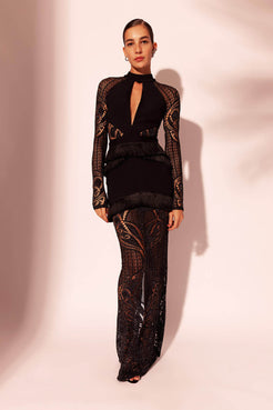 VESTIDO LONGO FRANJA TELA GEMINI SHELL PRETO
