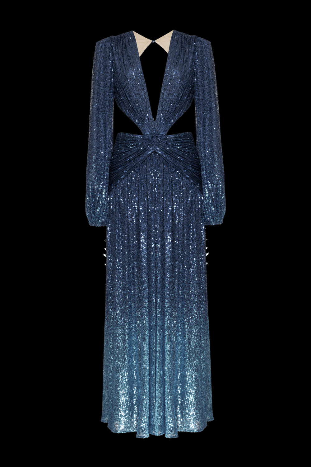 VESTIDO LONGO MANGAS PAETÊ ACQUA AZUL