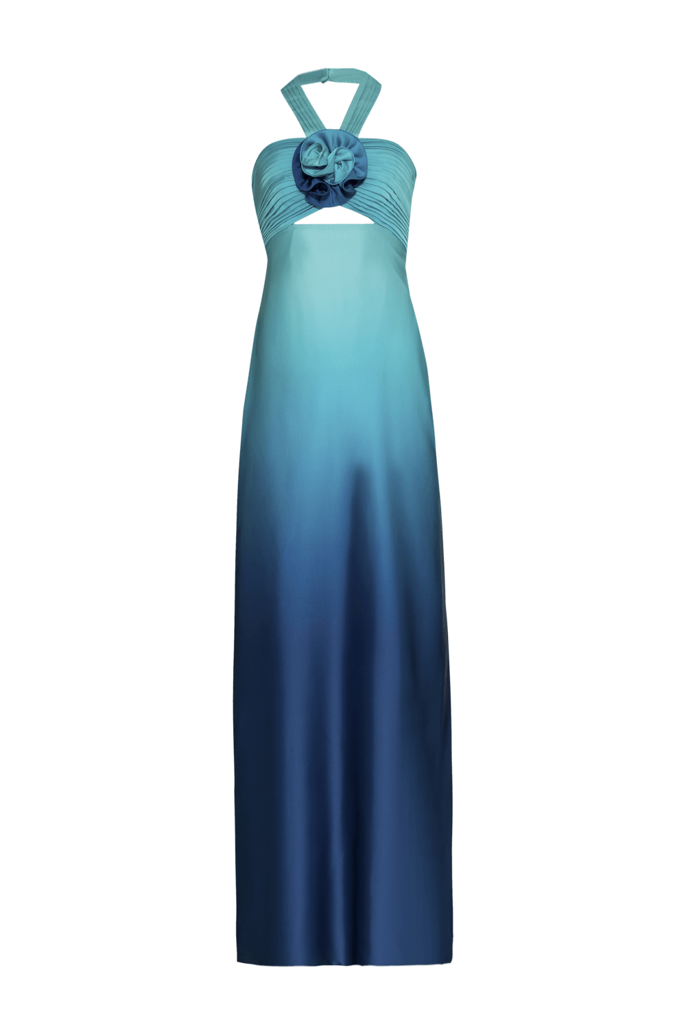 VESTIDO LONGO FRENTE ÚNICA FLOR CETIM DEGRADÊ ACQUA AZUL COM VERDE