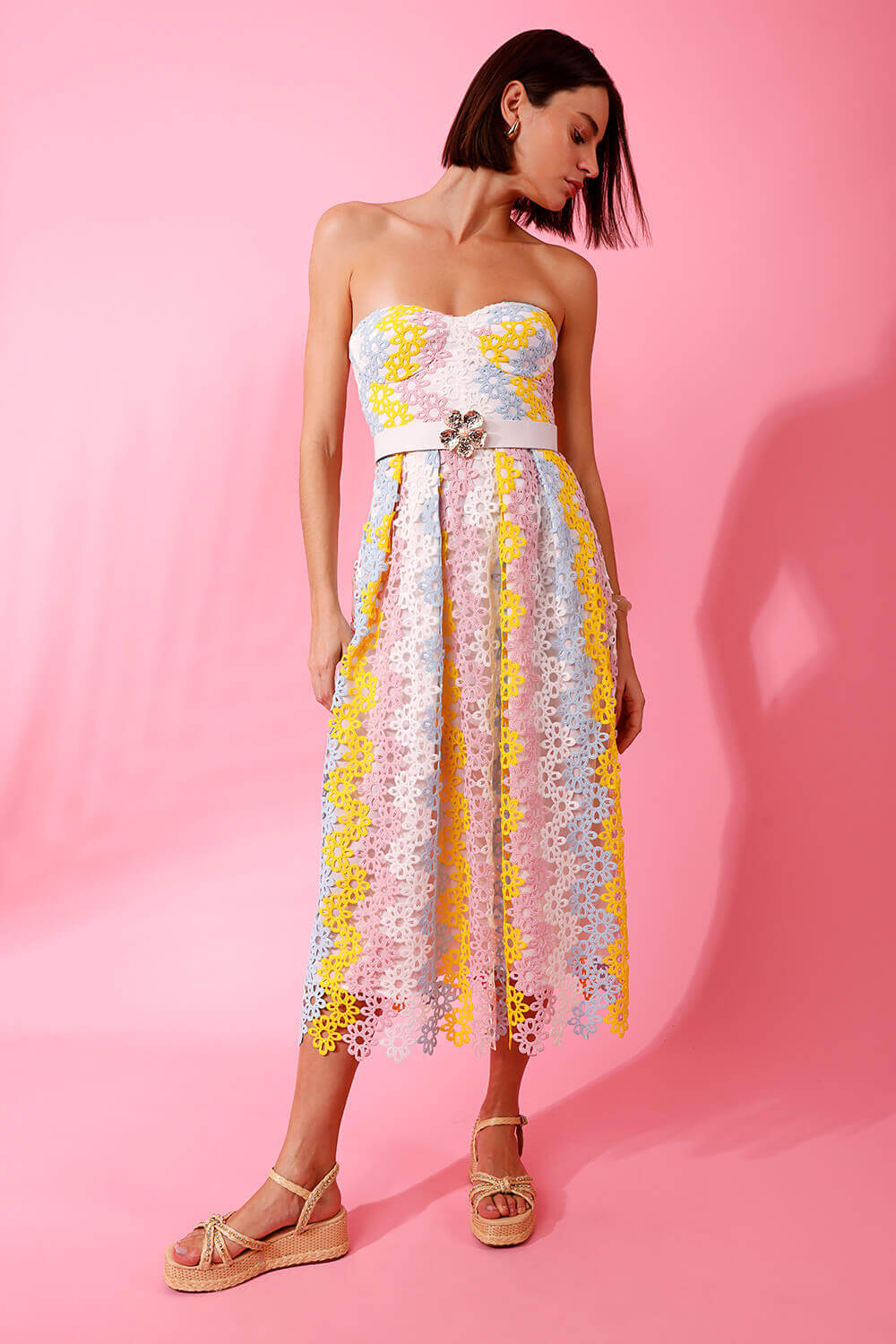 VESTIDO MÍDI ESTRUTURADO GUIPIR DEGRADÊ SUMMER COLORIDO