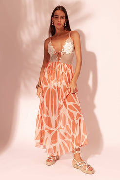 VESTIDO LONGO BORDADO LADY BUG BEGE