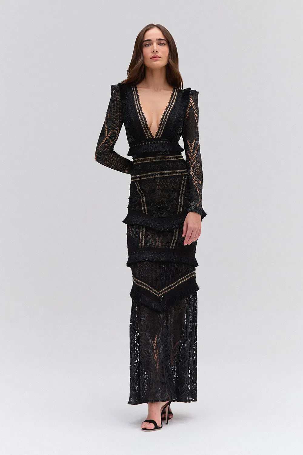 VESTIDO LONGO HANNAH FRINGE PRETO