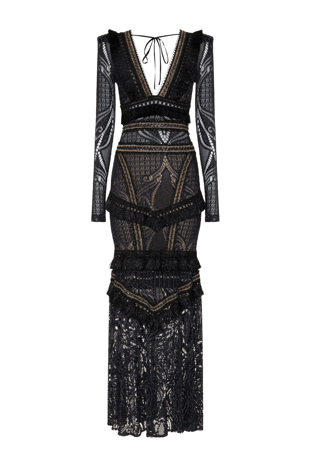 VESTIDO LONGO HANNAH FRINGE PRETO