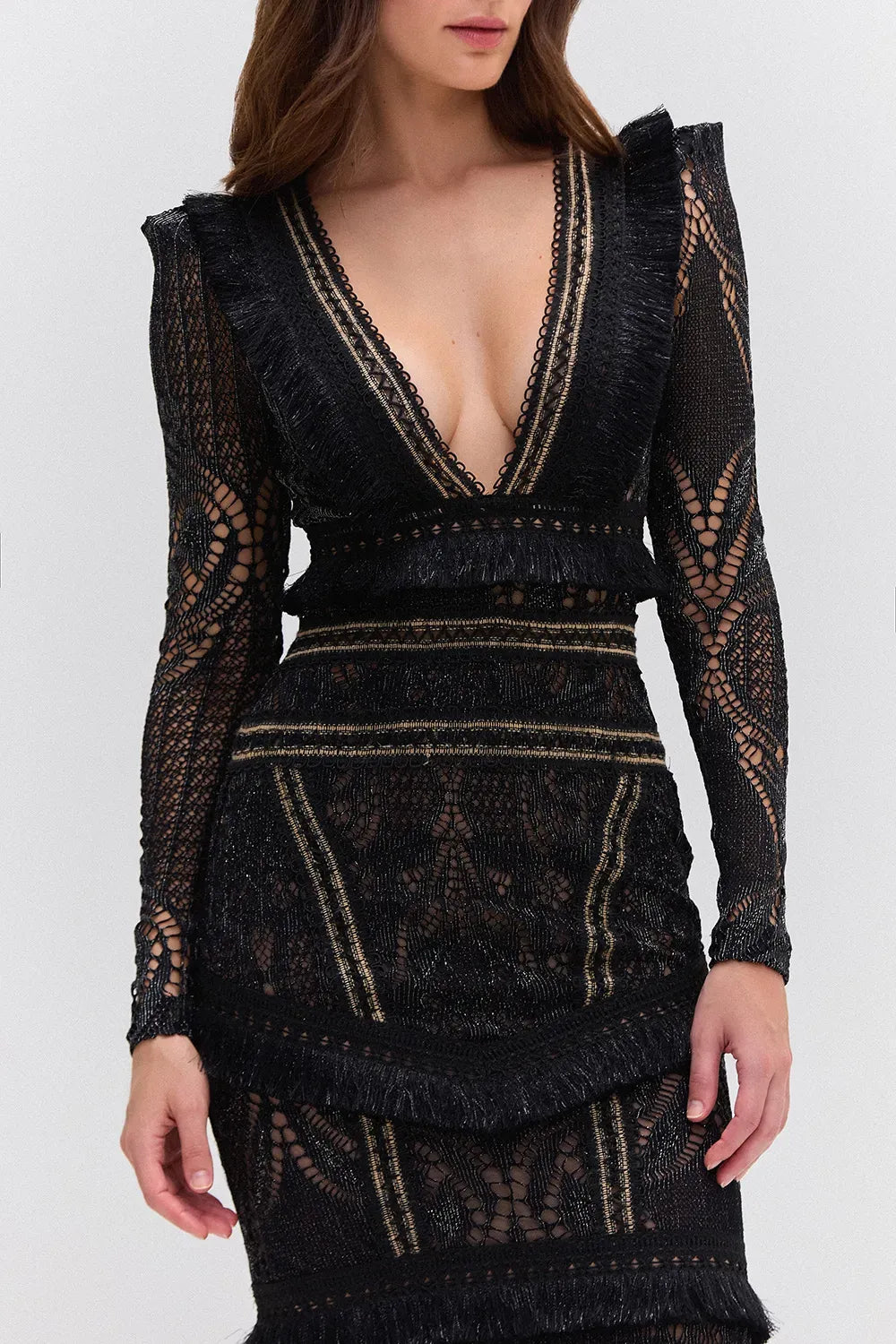 VESTIDO LONGO HANNAH FRINGE PRETO