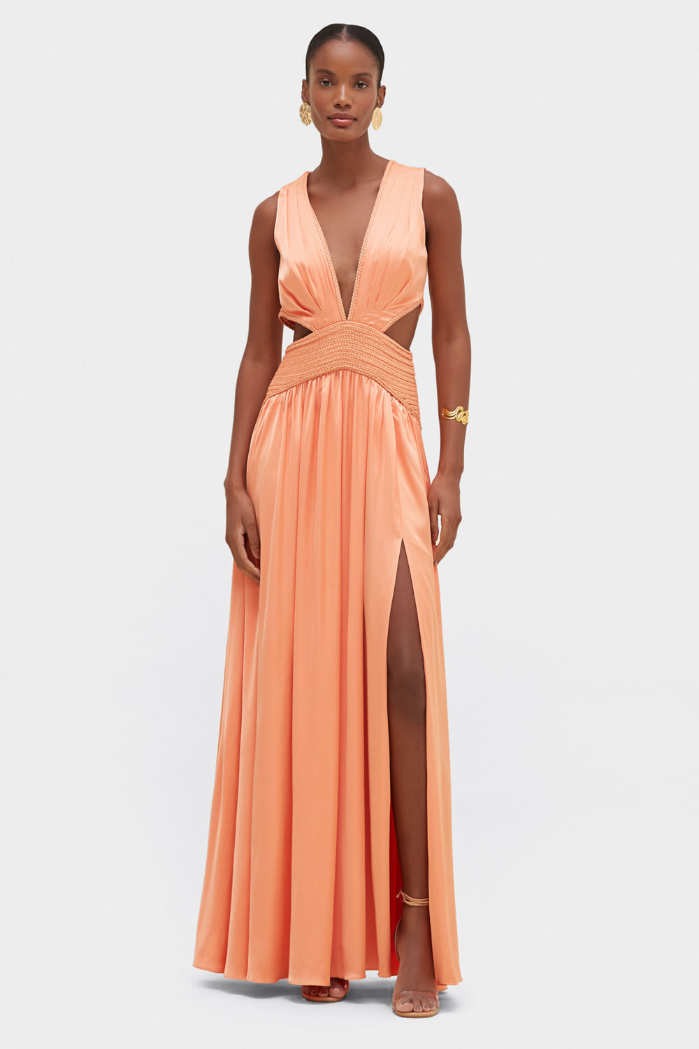 VESTIDO LONGO CETIM SUNSET LARANJA