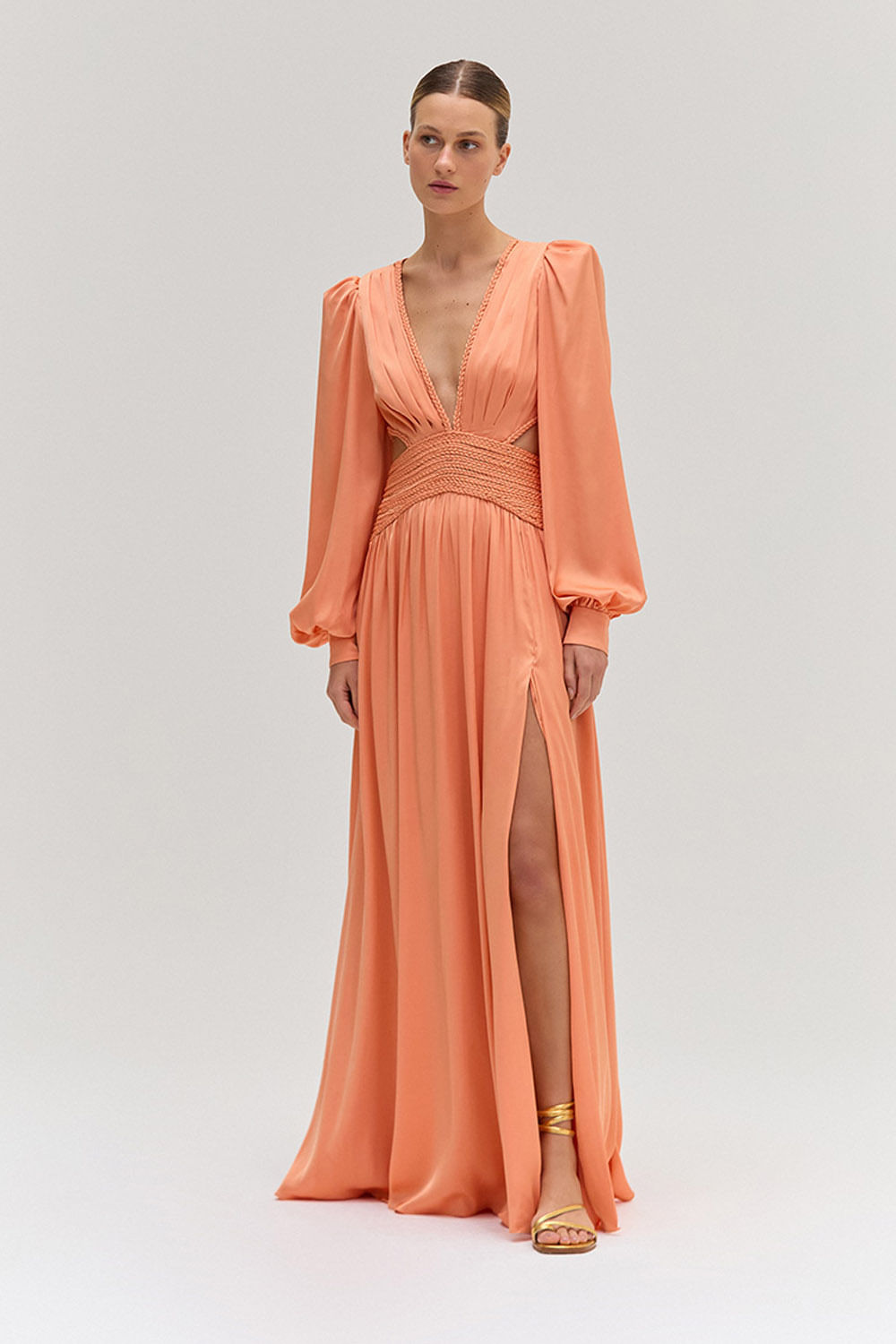 VESTIDO LONGO CETIM SUNSET LARANJA
