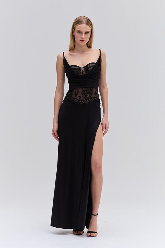 VESTIDO LONGO ESTRUTURADO MALHA SHINE PRETO