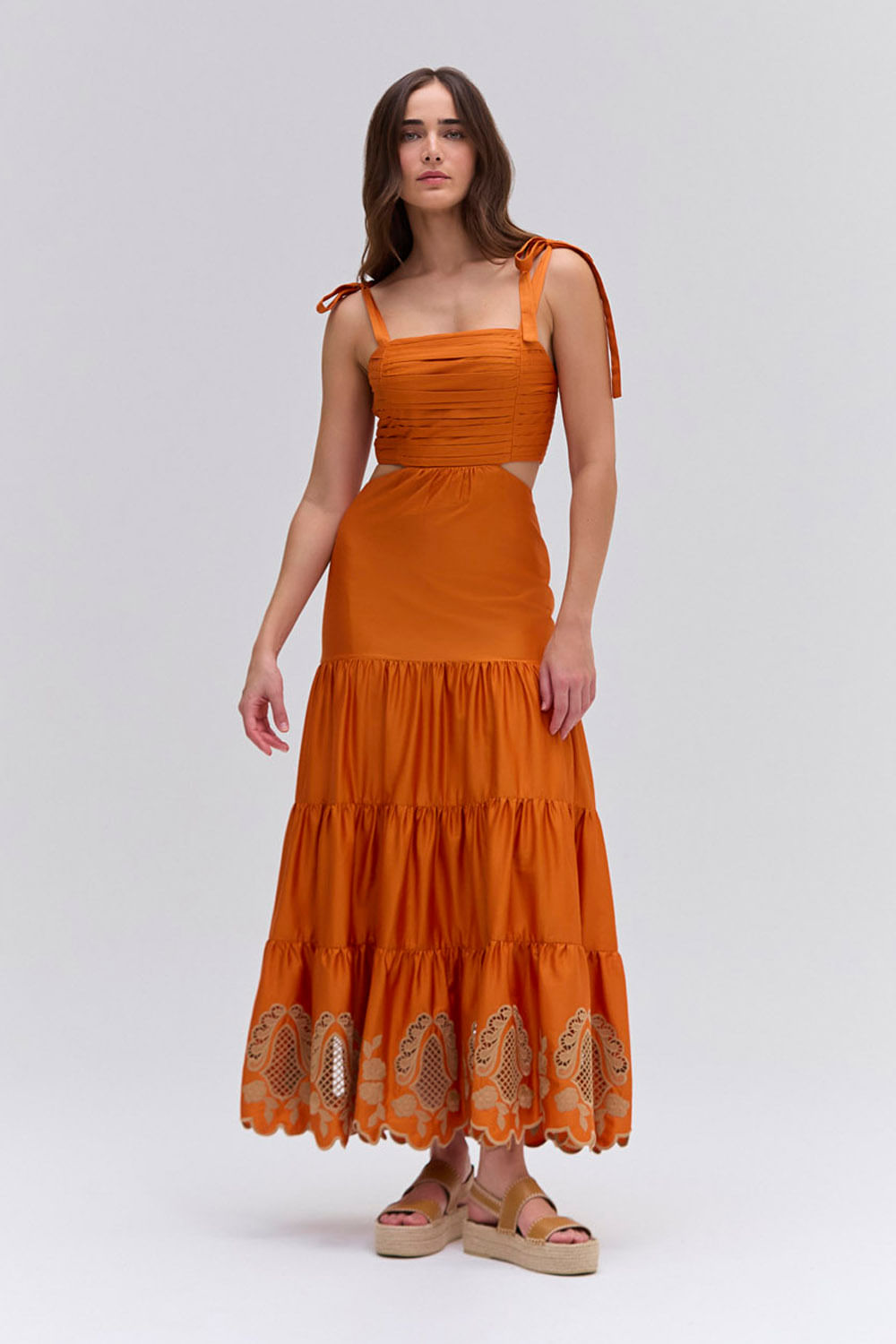 VESTIDO MÍDI TRICOLINE AMARANTO LARANJA