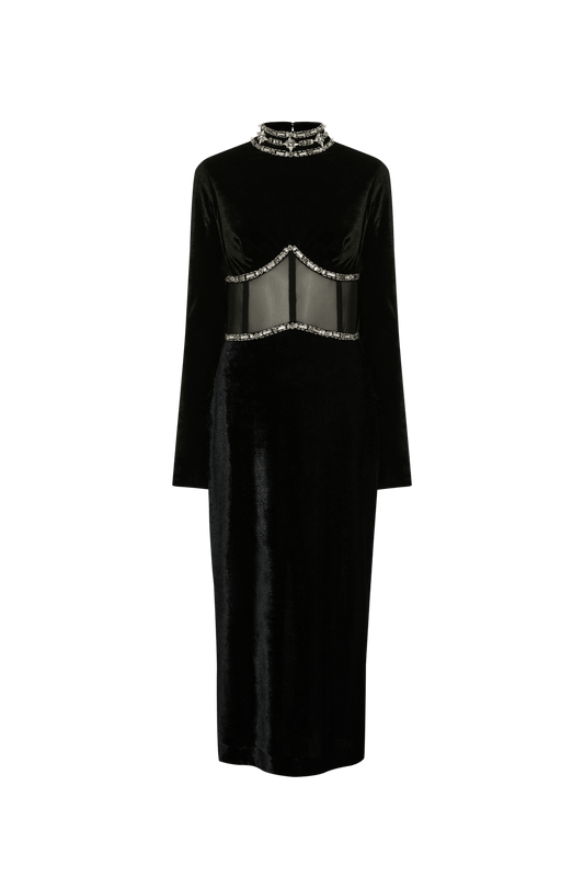 VESTIDO MÍDI TULE EMBROIDERY VELVET PRETO
