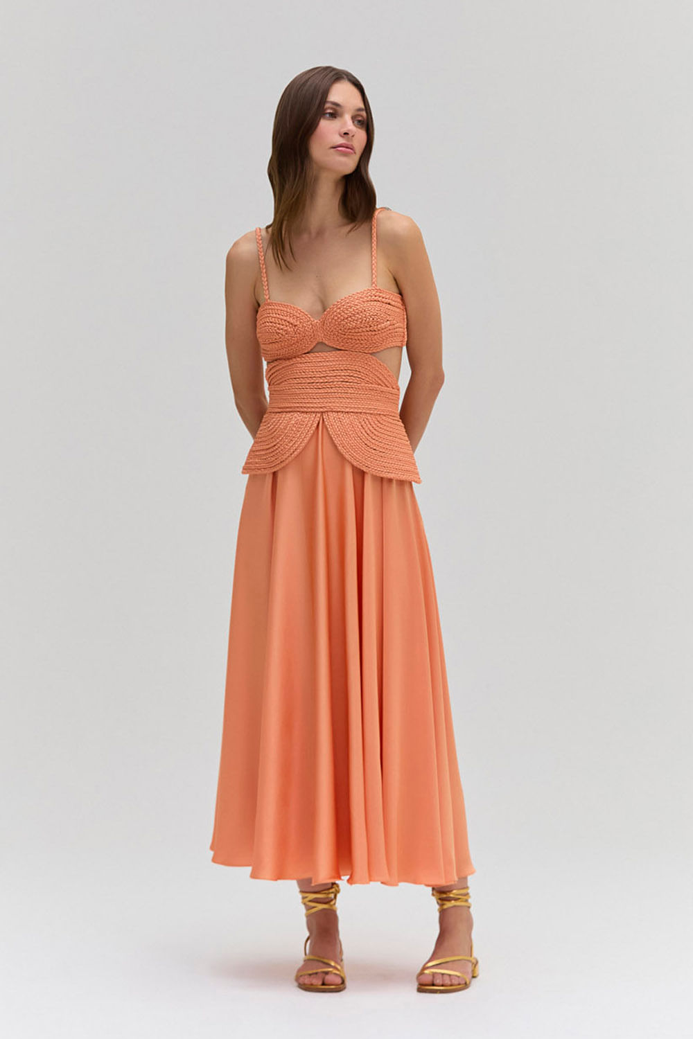 VESTIDO MÍDI CETIM SUNSET LARANJA