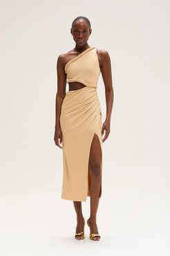 VESTIDO MÍDI CREPE SUN BEGE