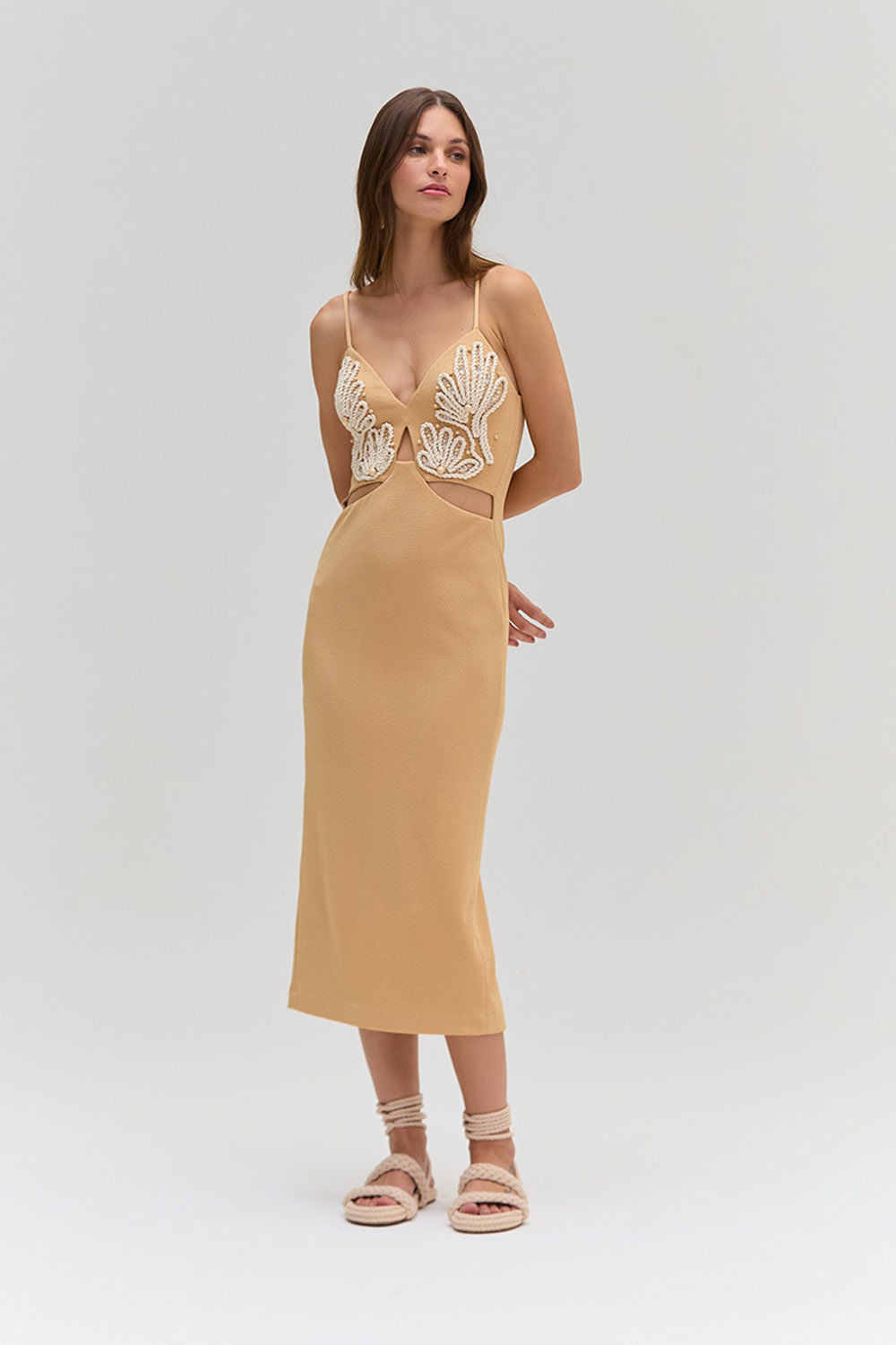 VESTIDO MÍDI MALHA ETHNIC BEGE