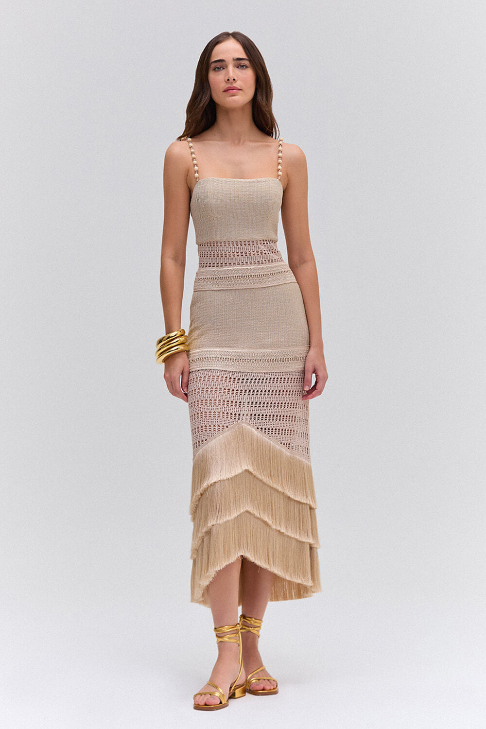 VESTIDO MÍDI TELA DOT BEGE