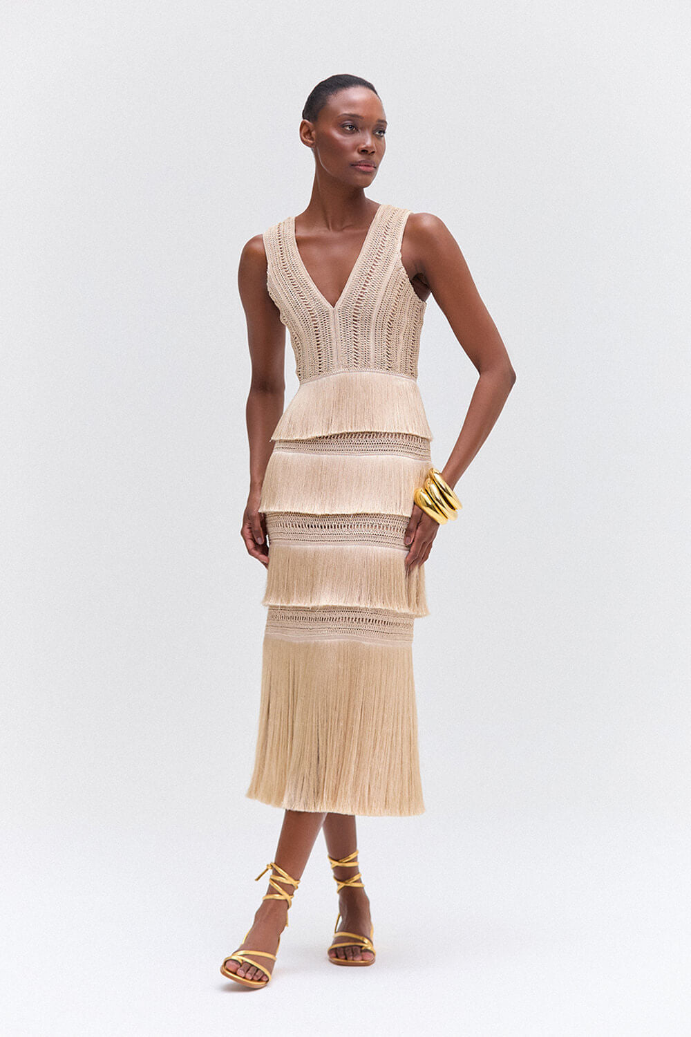 VESTIDO MÍDI TELA DOT BEGE