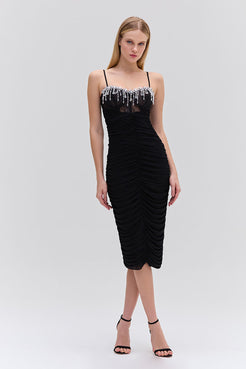 VESTIDO MÍDI PREGAS TULE PRETO