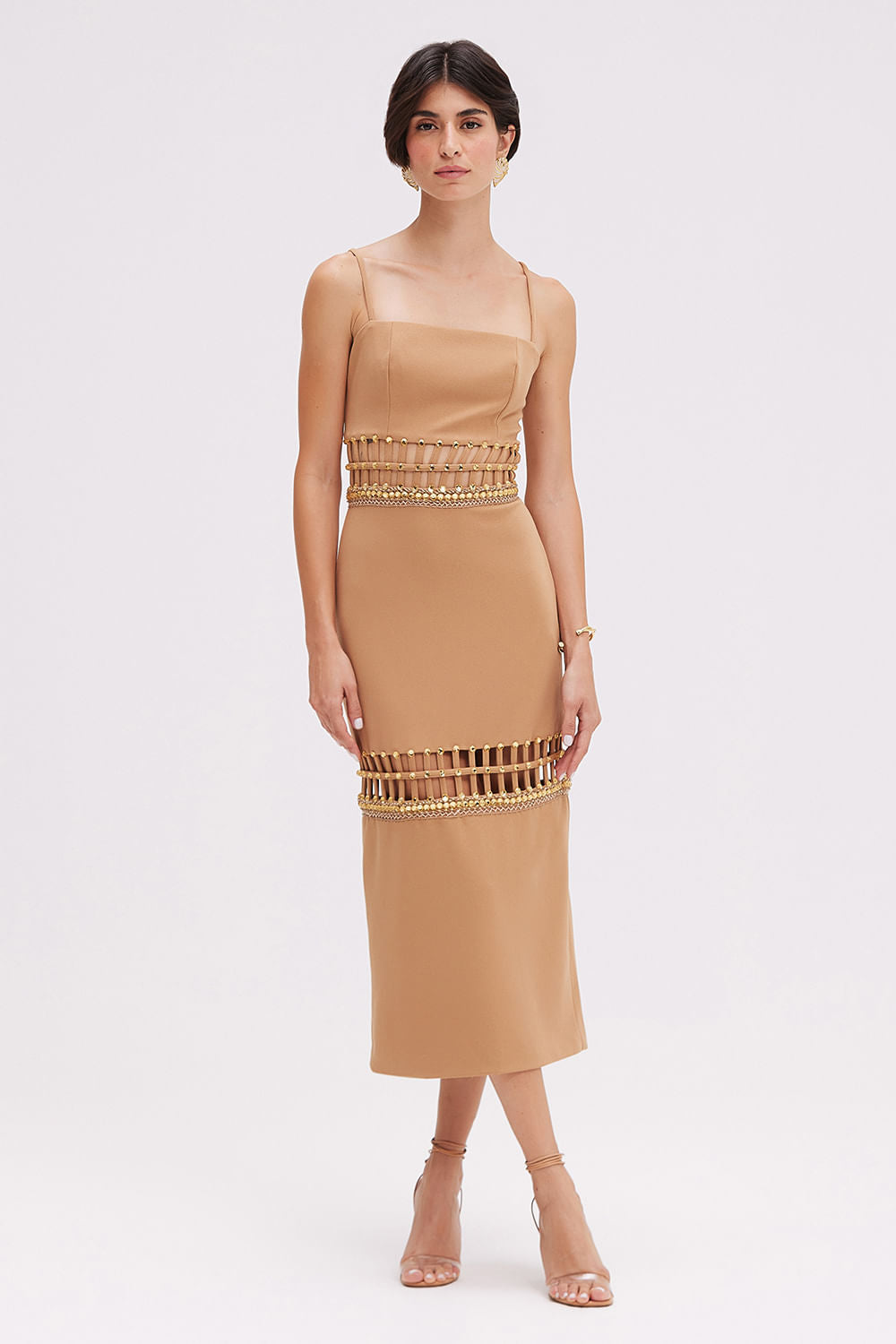 VESTIDO MÍDI CREPE GLAM BEGE