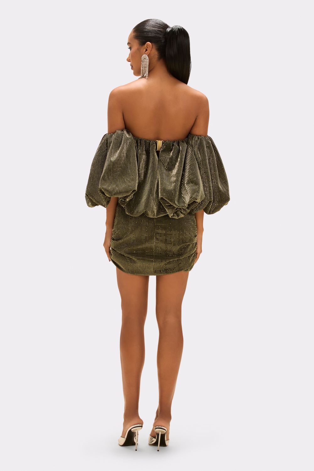 VESTIDO CURTO TULE LUREX GLOWING PRETO E DOURADO