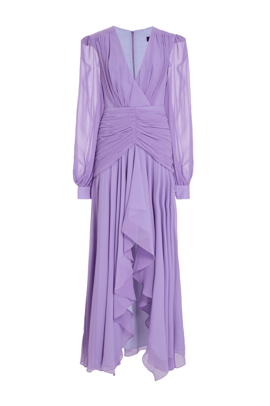 VESTIDO LONGO DRAPEADO OMBREIRAS LILÁS CLARO