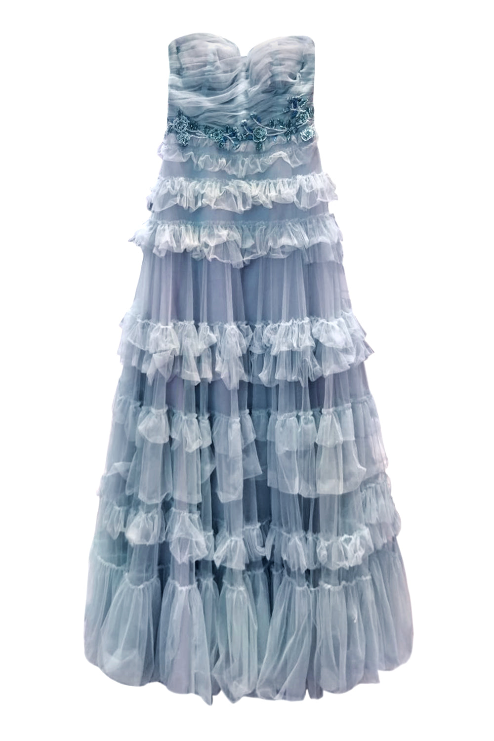 VESTIDO LONGO SAIA TULE CAMADAS AZUL CLARO