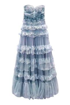 VESTIDO LONGO SAIA TULE CAMADAS AZUL CLARO