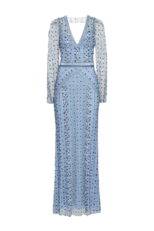 VESTIDO LONGO CRYSTAL EMBROIDERY AZUL CLARO
