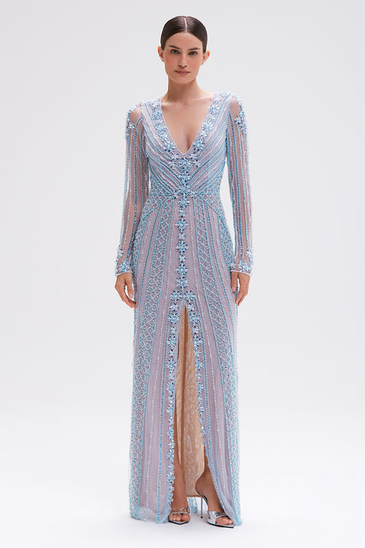 VESTIDO LONGO BUTTERFLY EMBROIDERY AZUL CLARO