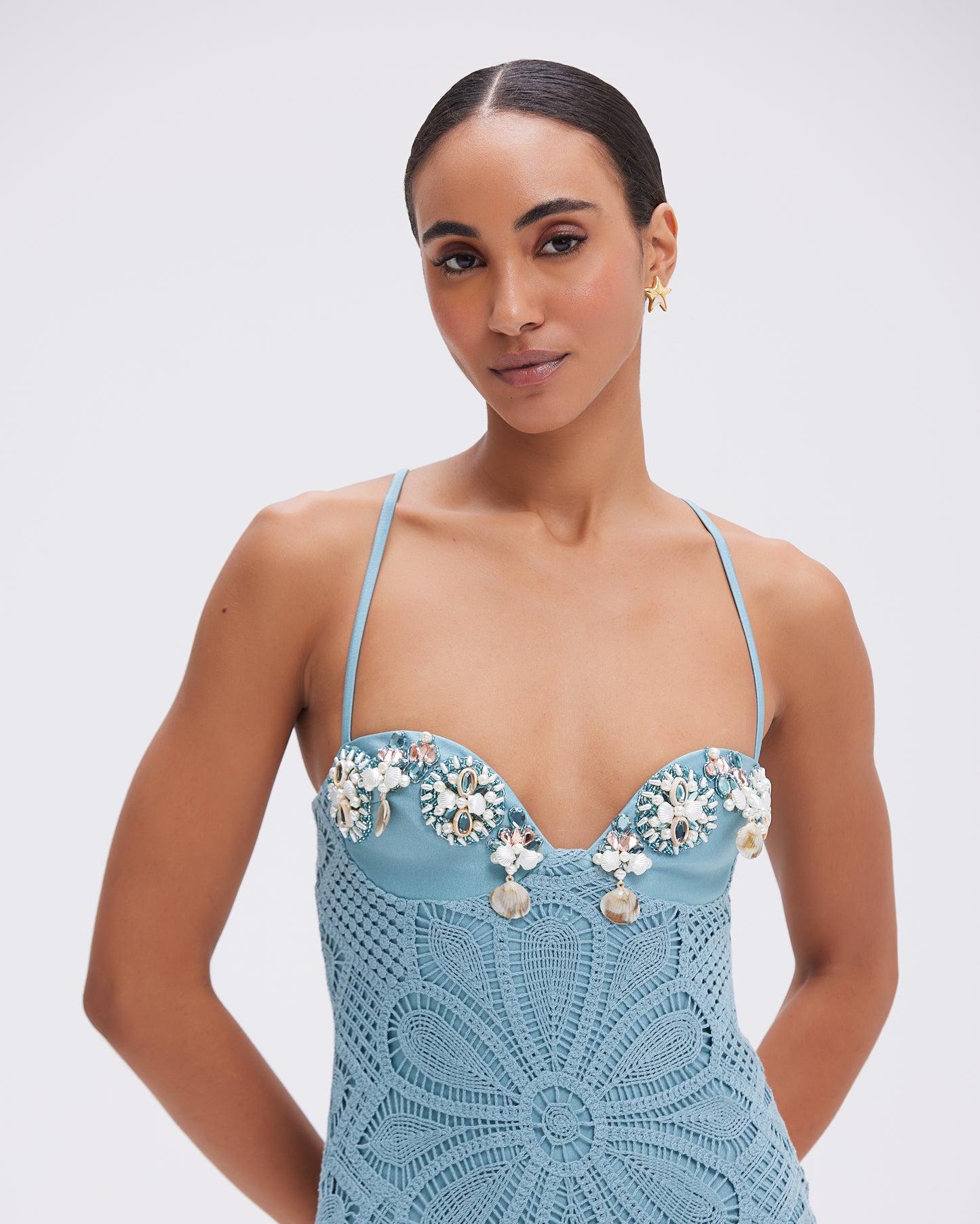 VESTIDO LONGO CROCHET FLOWER AZUL