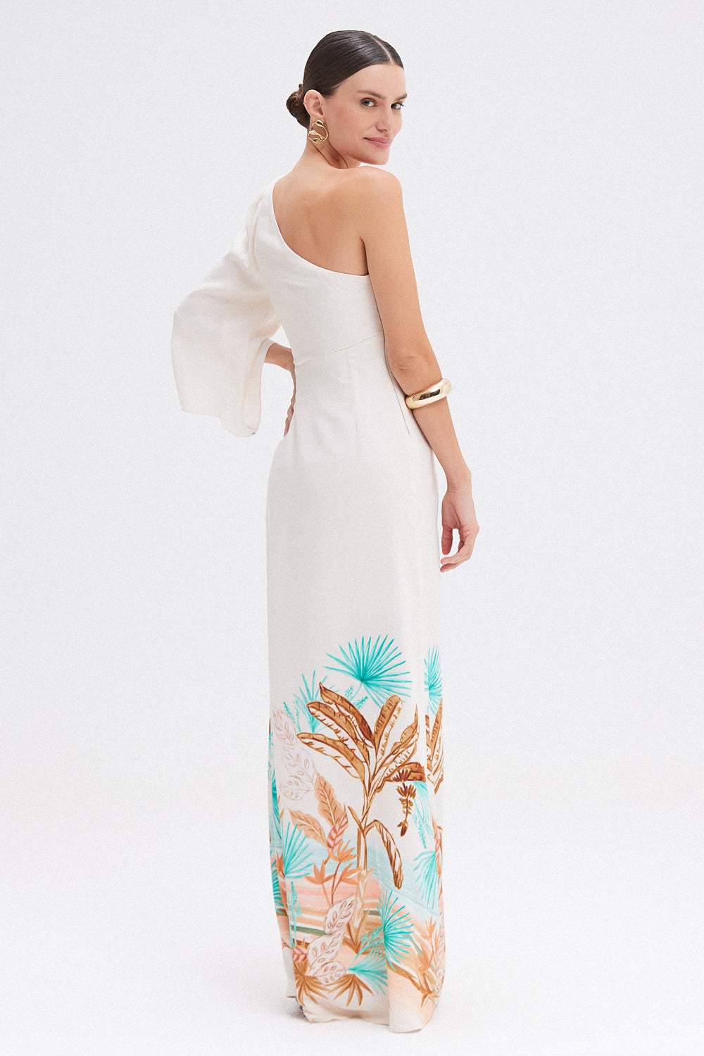 VESTIDO LONGO TROPICAL BANANEIRA BEGE