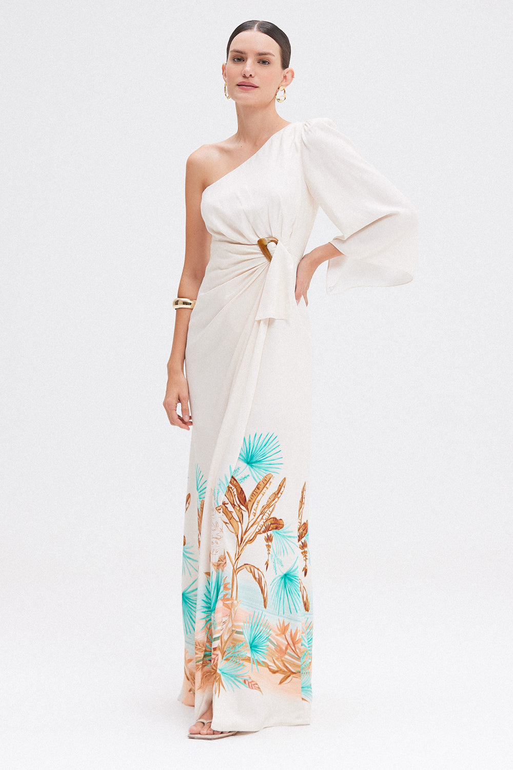 VESTIDO LONGO TROPICAL BANANEIRA BEGE