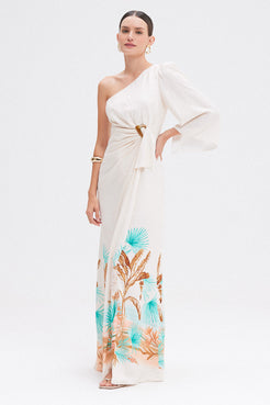 VESTIDO LONGO TROPICAL BANANEIRA BEGE