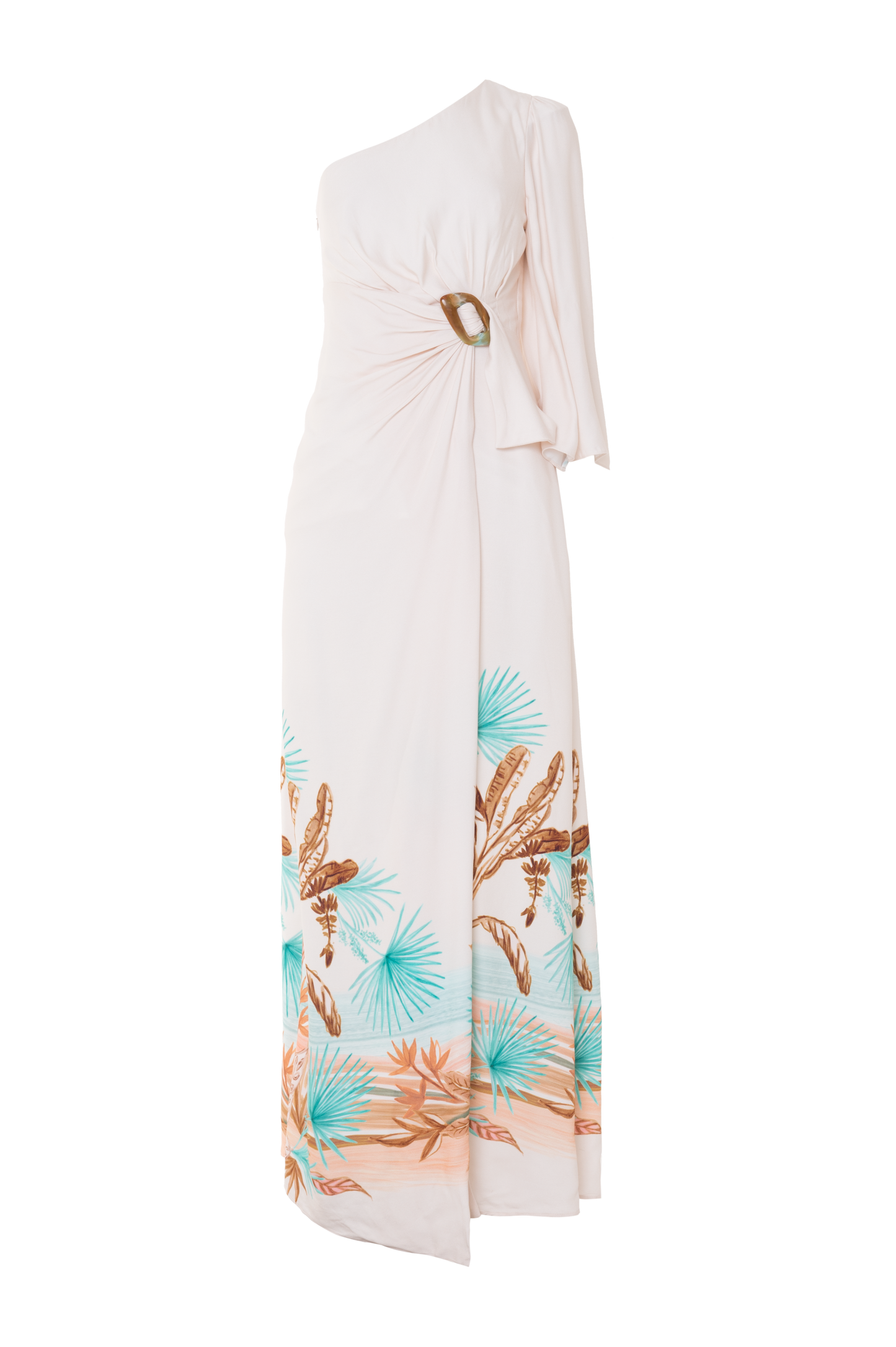 VESTIDO LONGO TROPICAL BANANEIRA BEGE