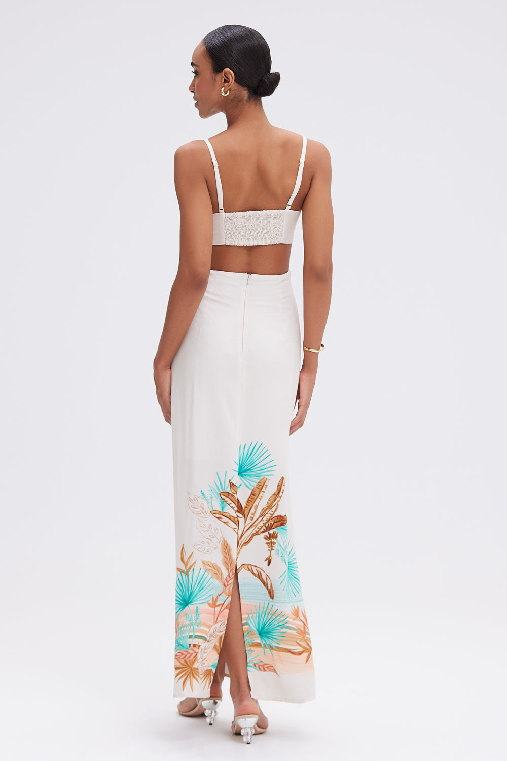 VESTIDO LONGO TROPICAL BANANEIRA BEGE