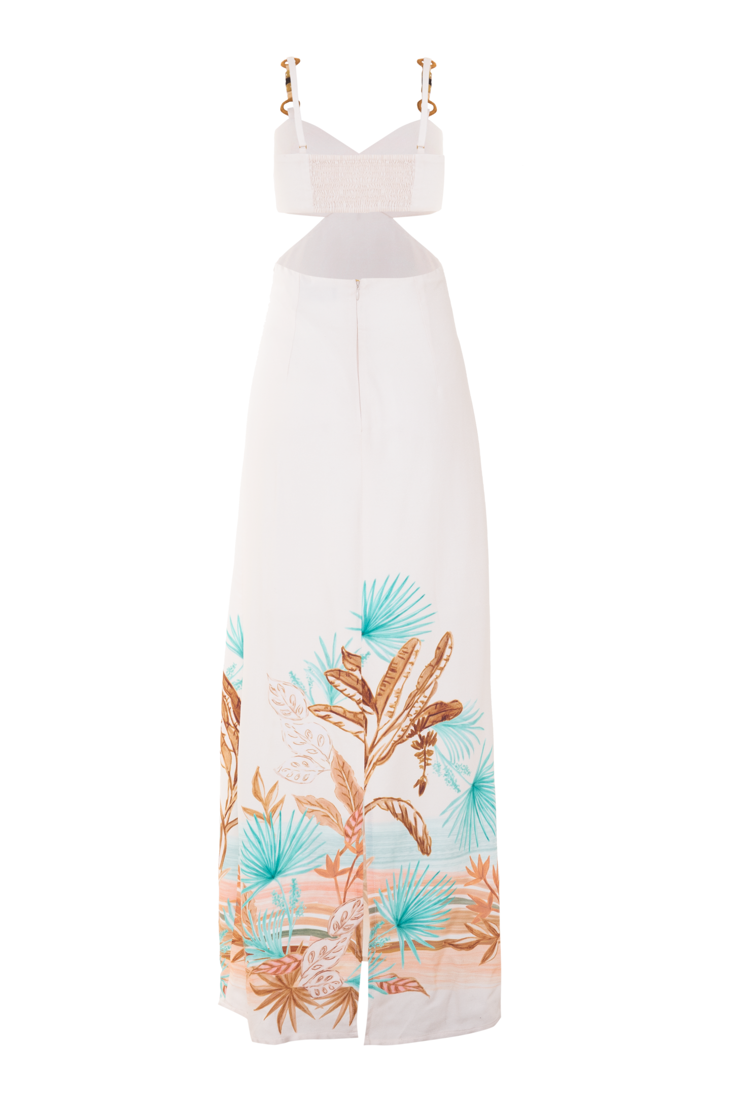 VESTIDO LONGO TROPICAL BANANEIRA BEGE