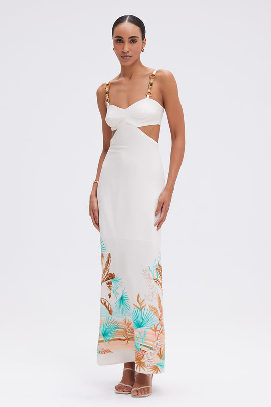 VESTIDO LONGO TROPICAL BANANEIRA BEGE