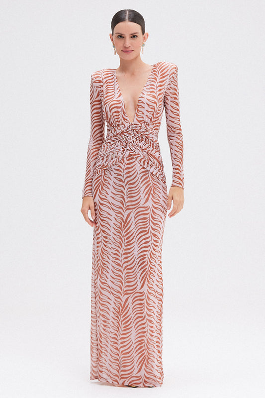 VESTIDO LONGO GRAPHIC LEAVES ROSA CLARO