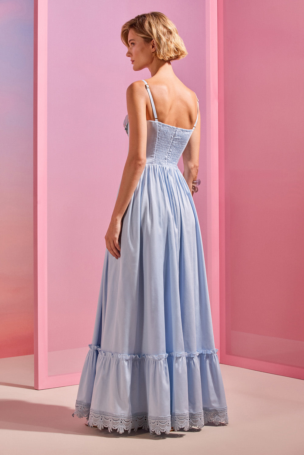 VESTIDO LONGO TRICOLINE BRUMA AZUL CLARO