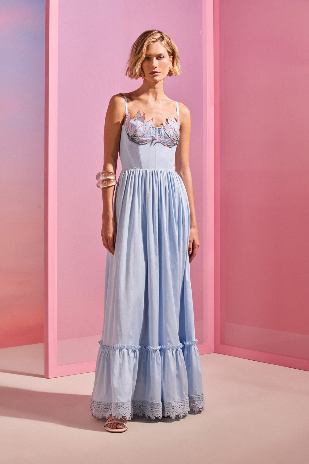 VESTIDO LONGO TRICOLINE BRUMA AZUL CLARO