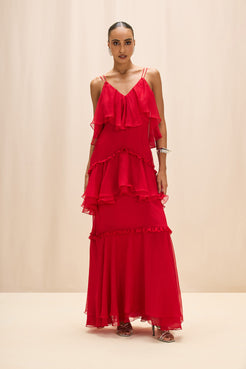 VESTIDO LONGO SILKY PLISSE ÉCHO VERMELHO