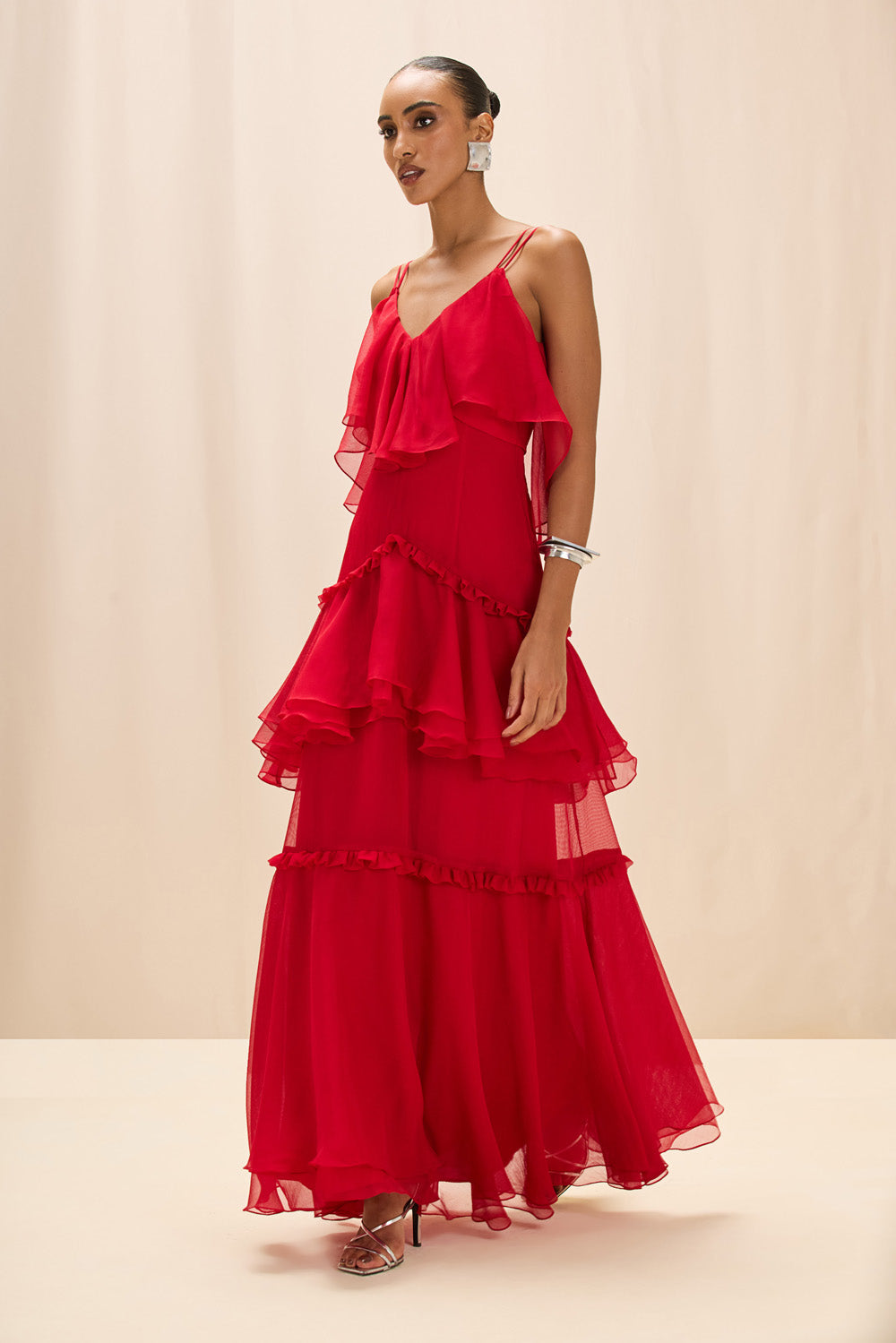 VESTIDO LONGO SILKY PLISSE ÉCHO VERMELHO