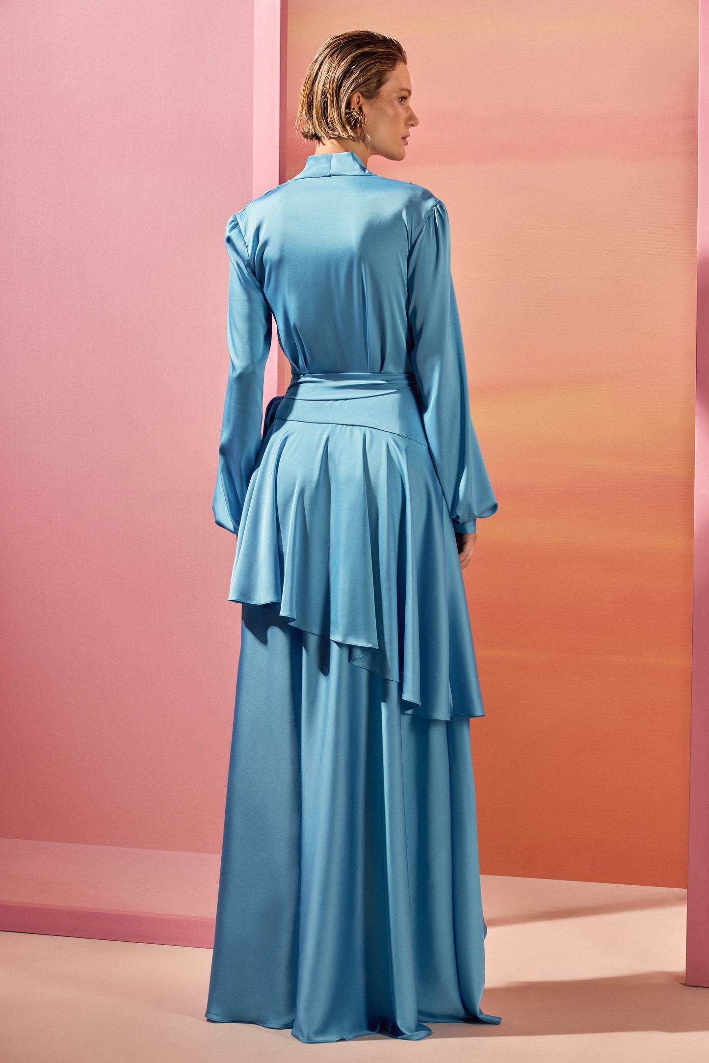 VESTIDO LONGO CETIM ACQUA AZUL
