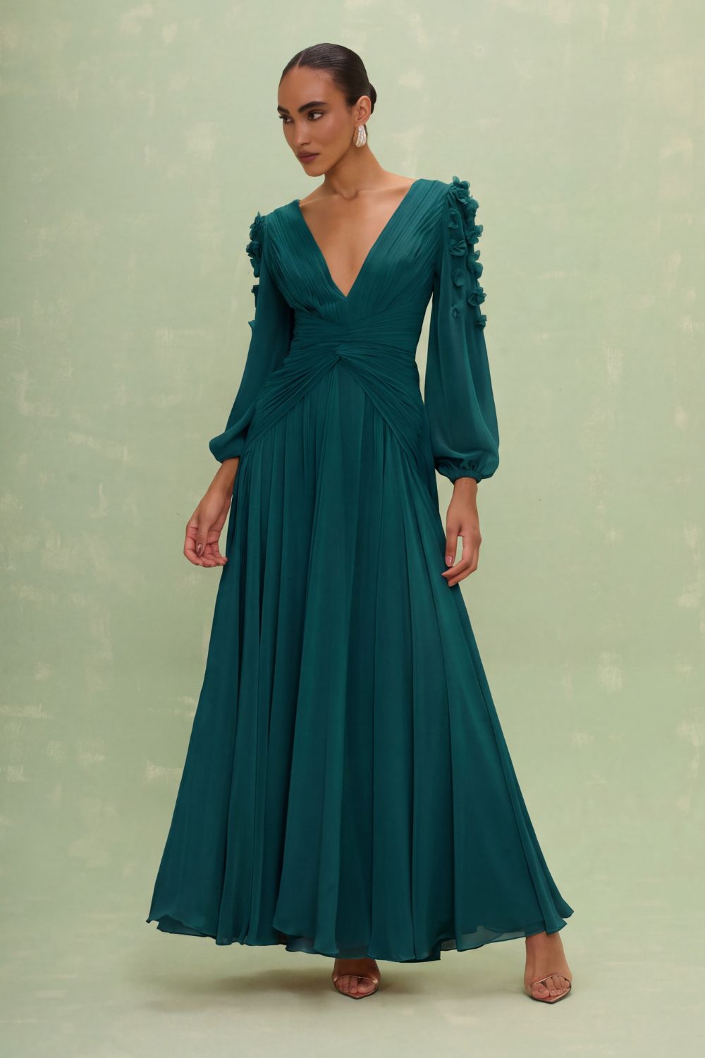 VESTIDO LONGO SILK PLISSE LILA VERDE ESCURO
