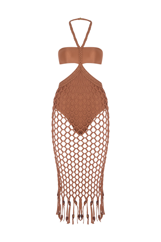 VESTIDO MÍDI TELA RENDA SUNSET MARROM