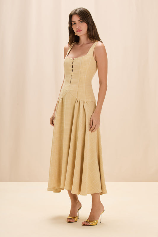 VESTIDO MIDI LINHO SIENNA BEGE